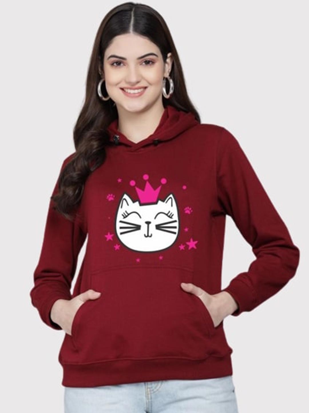 

PockMAN Women Maroon Printed Hooded Sweatshirt