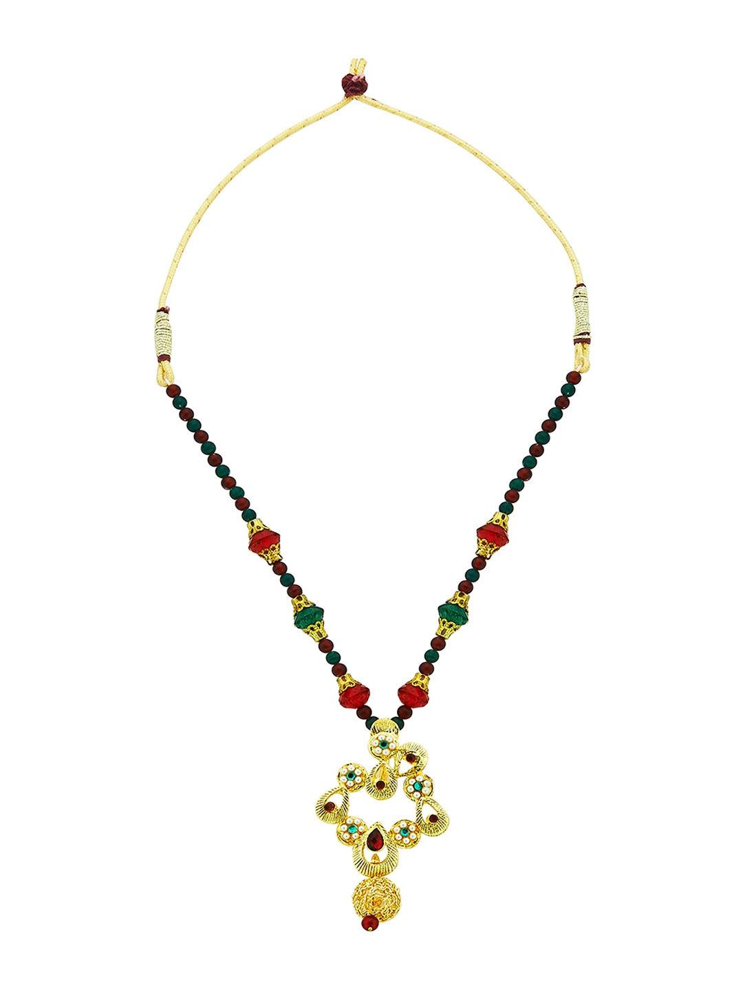 

Kshitij Jewels Gold-Plated Red & Green Stone Studded & Beaded Jewellery Set