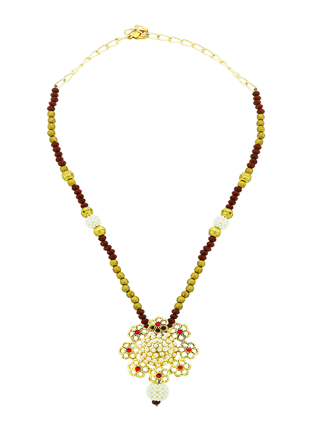 

Kshitij Jewels Gold-Plated Red Stone Studded & Brown Beaded Jewellery Set
