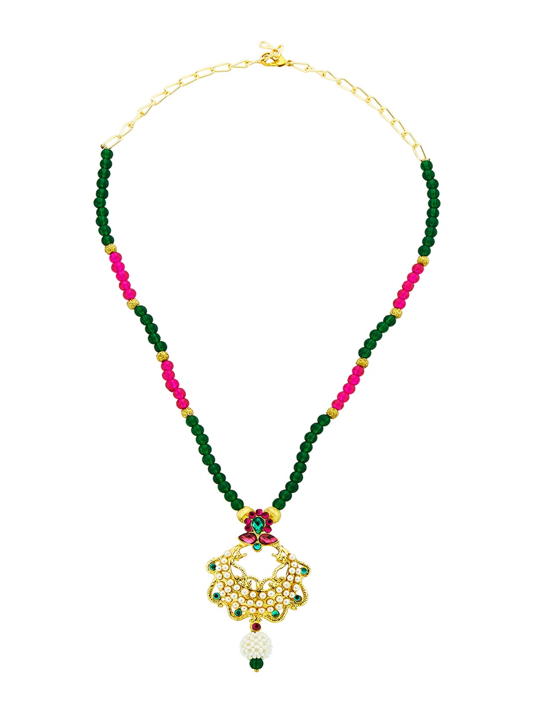 

Kshitij Jewels Gold-Plated Green & Pink Stone-Studded & Beaded Jewellery Set