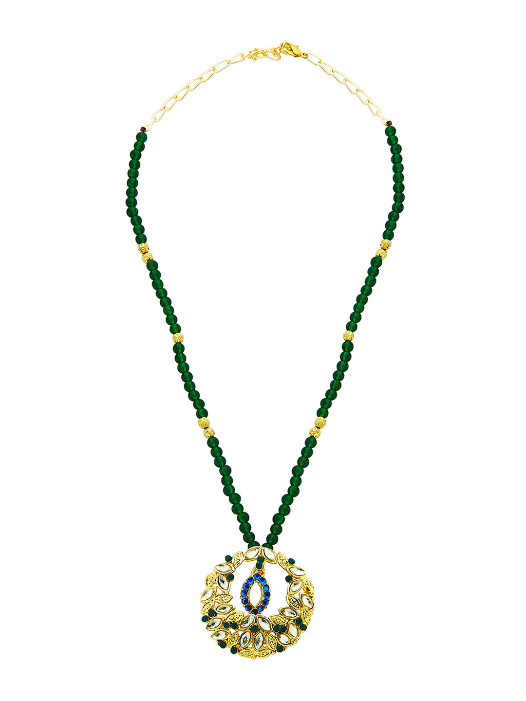 

Kshitij Jewels Gold-Plated Green & Blue Stone-Studded & Beaded Jewellery Set