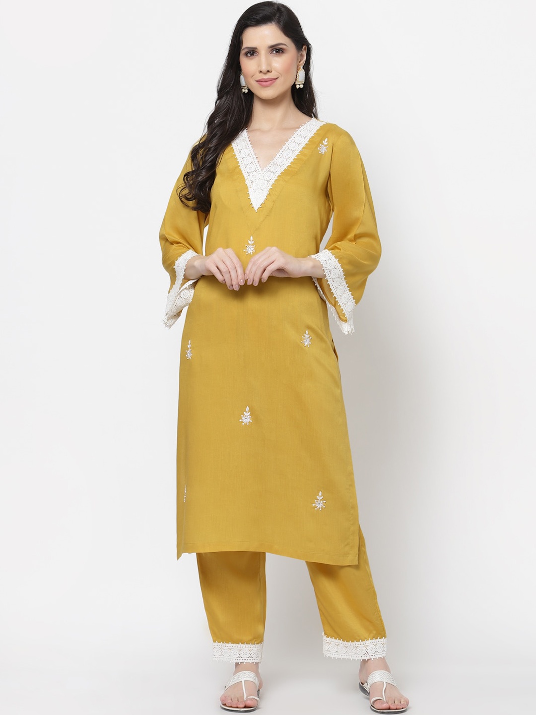 

DART STUDIO Women Yellow Embroidered Flared Sleeves Thread Work Kurta