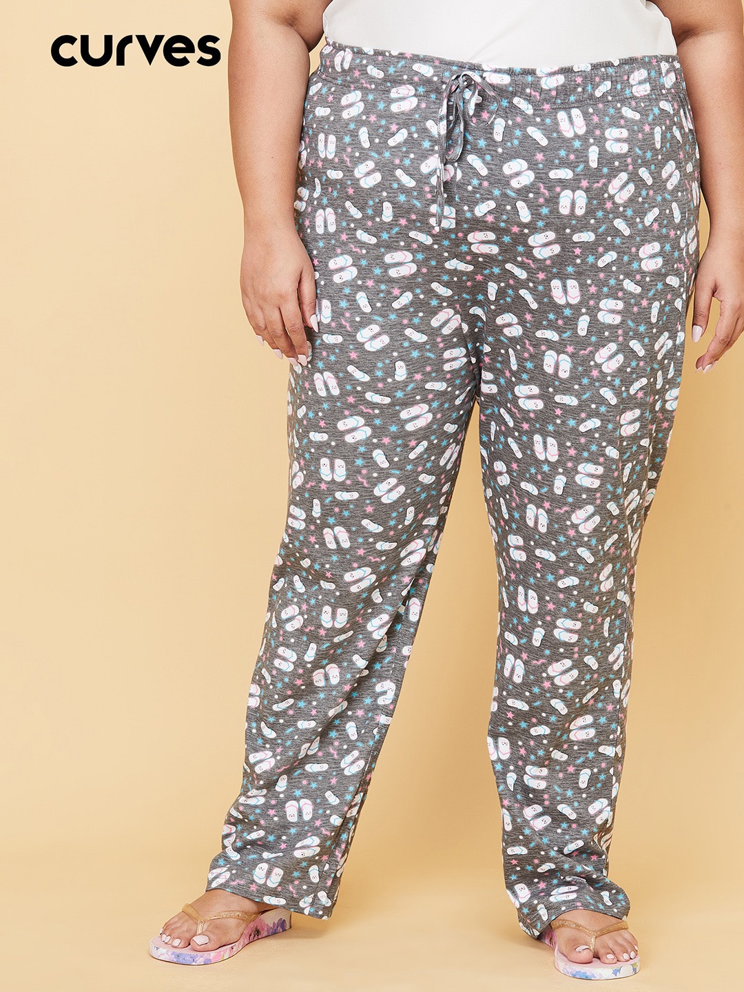 

max Women Plus Size Charcoal Grey & White Printed Pure Cotton Lounge Pants