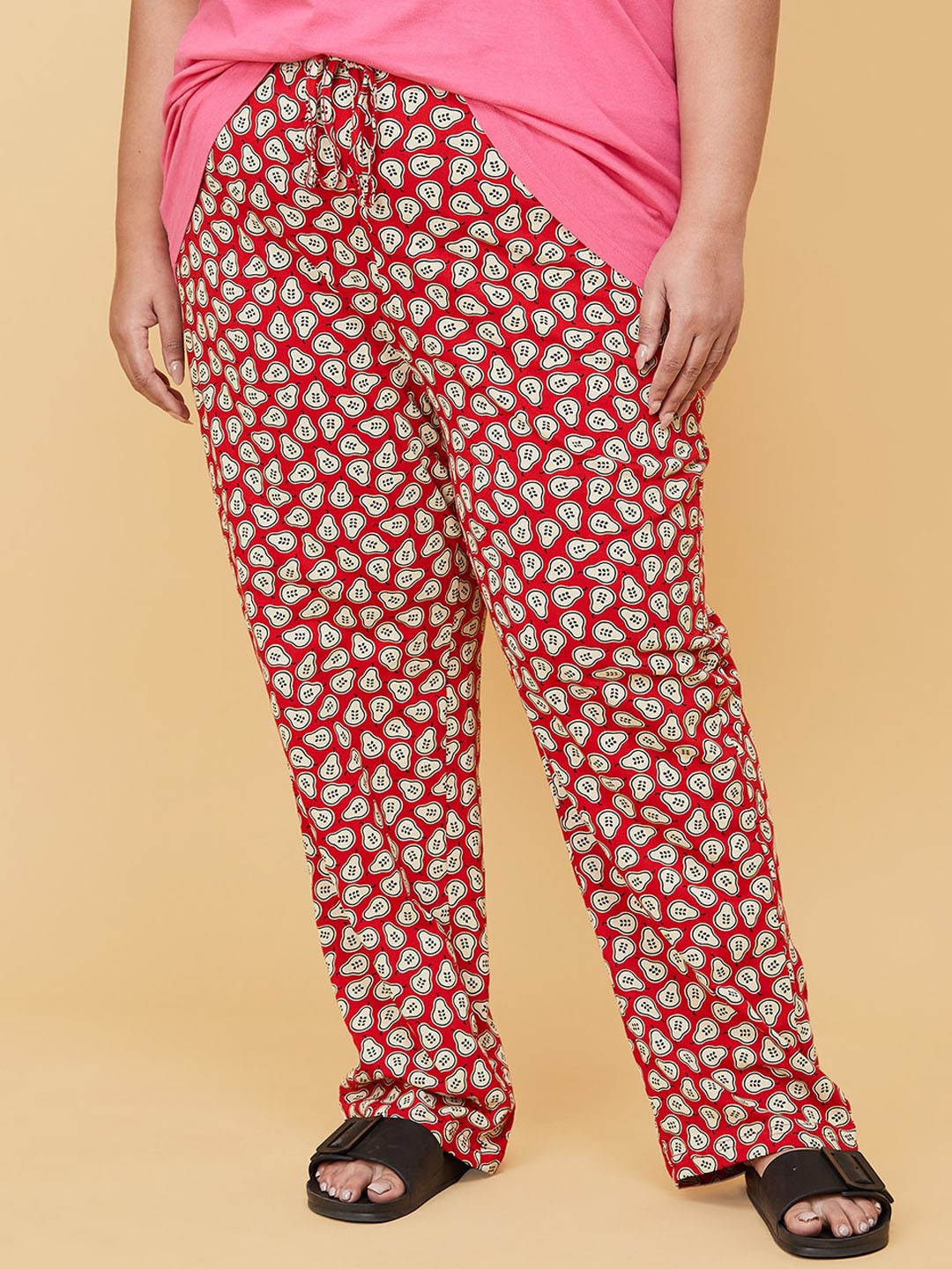 

max Women Plus Size Red & Cream Printed Pure Cotton Lounge Pants
