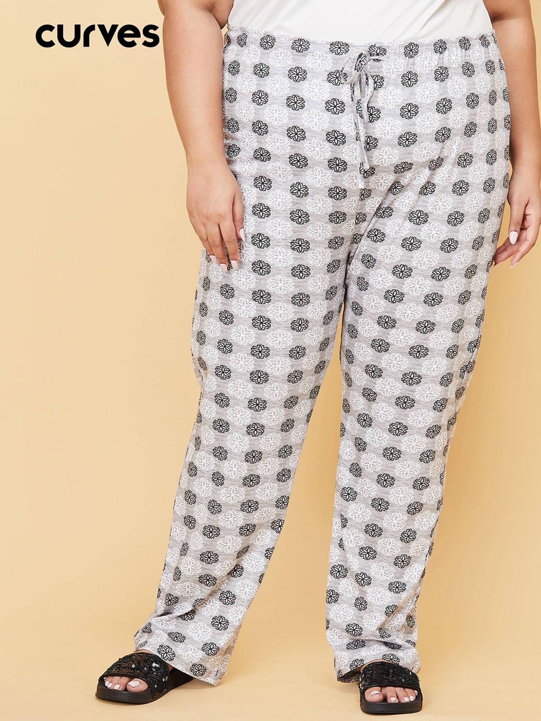 

max Women Plus Size Grey & White Printed Pure Cotton Lounge Pants