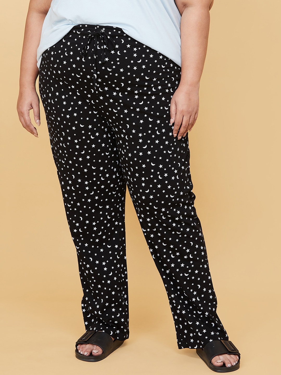 

max Women Plus Size Black Printed Pure Cotton Lounge Pants