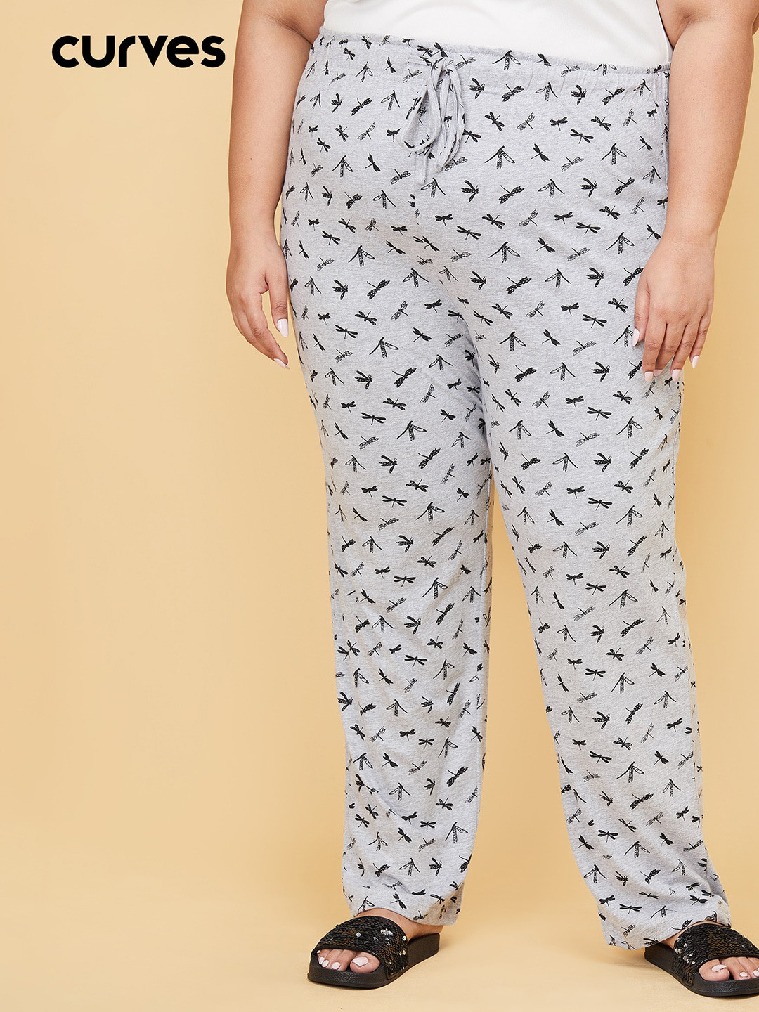 

max Women Plus Size Grey Melange & Black Printed Lounge Pants