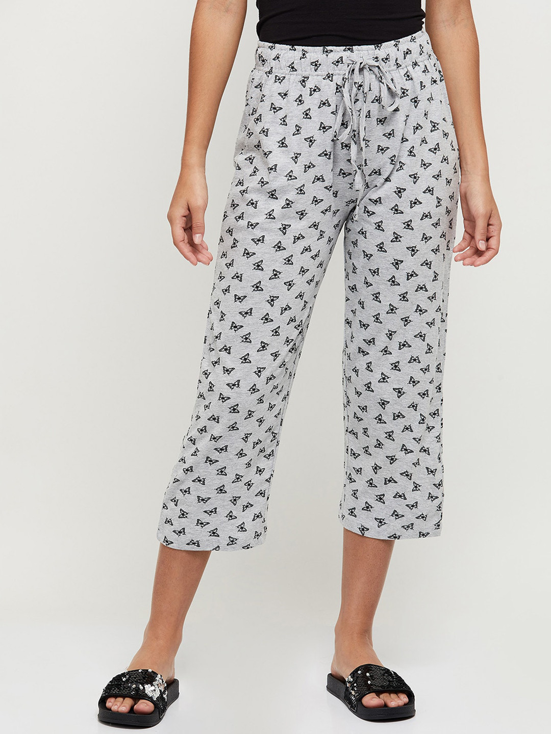 

max Women Grey Melange Printed Cotton Lounge Pants