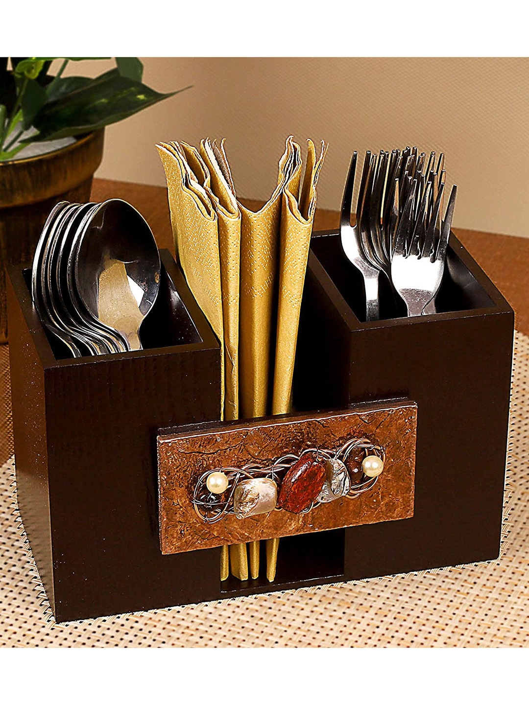 

COCKTAIL Brown Solid Wooden Cutlery Holder