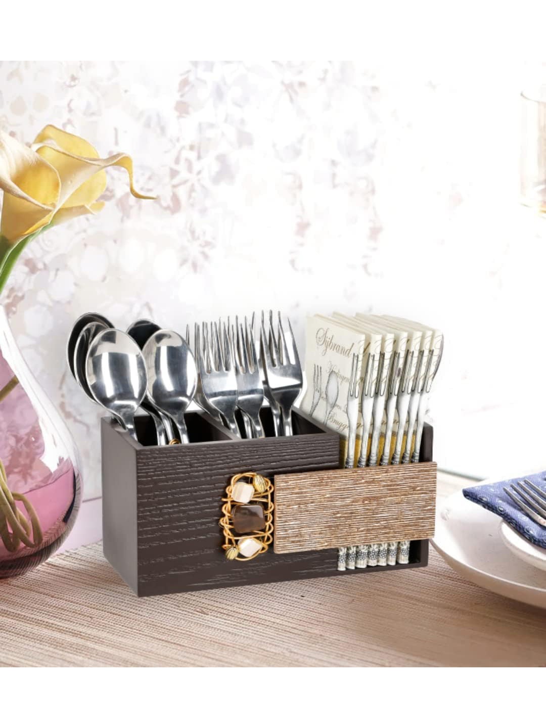 

COCKTAIL Brown Solid Wooden MDF Cutlery Holder