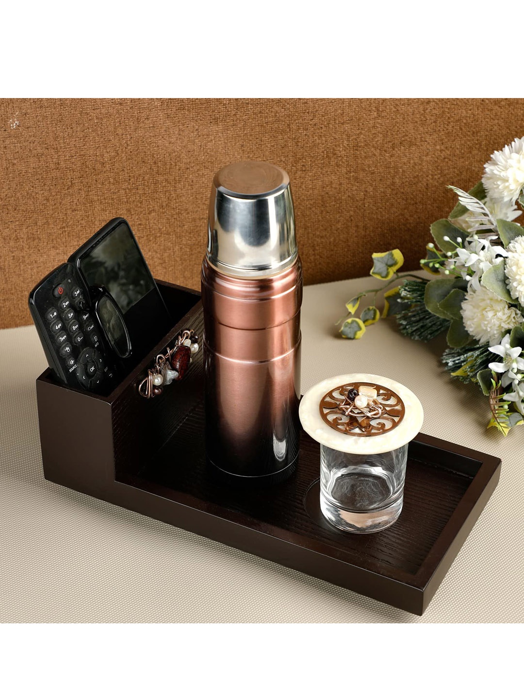 

COCKTAIL Brown Bedside Small Wooden Tray With Coaster