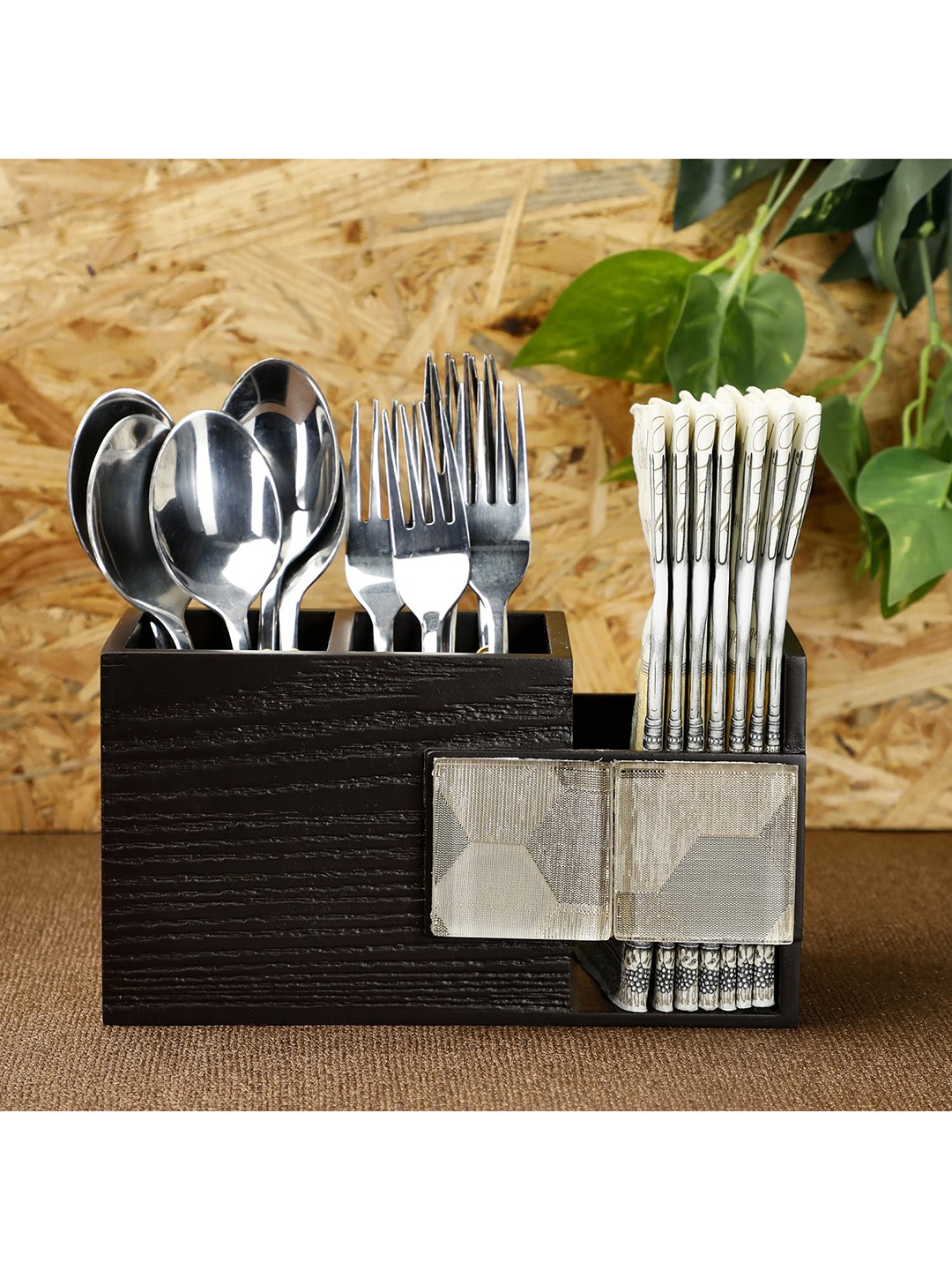 

COCKTAIL Brow Wooden MDF Cutlery Holder With Three Sections, Brown