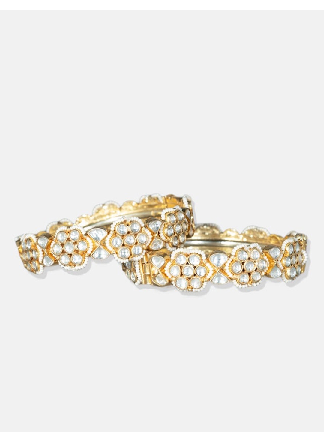 

AURAA TRENDS Set Of 2 22 KT Gold-Plated White Kundan-Studded & Pearl Beaded Bangles