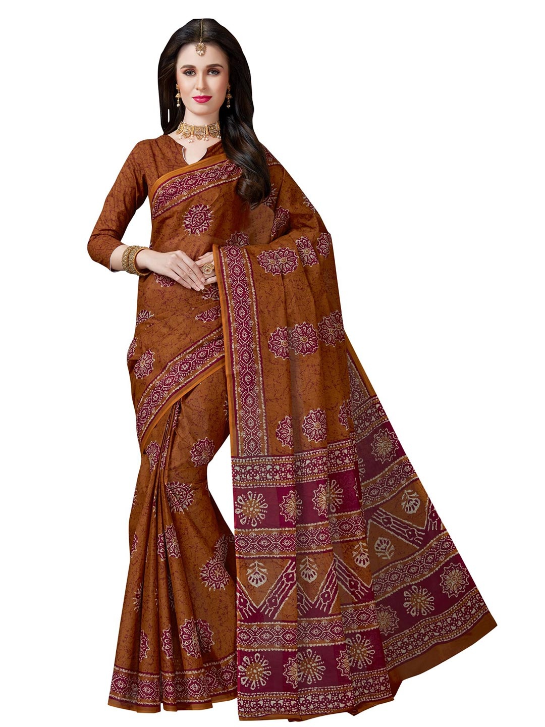 

SHANVIKA Rust & White Batik Pure Cotton Block Print Saree