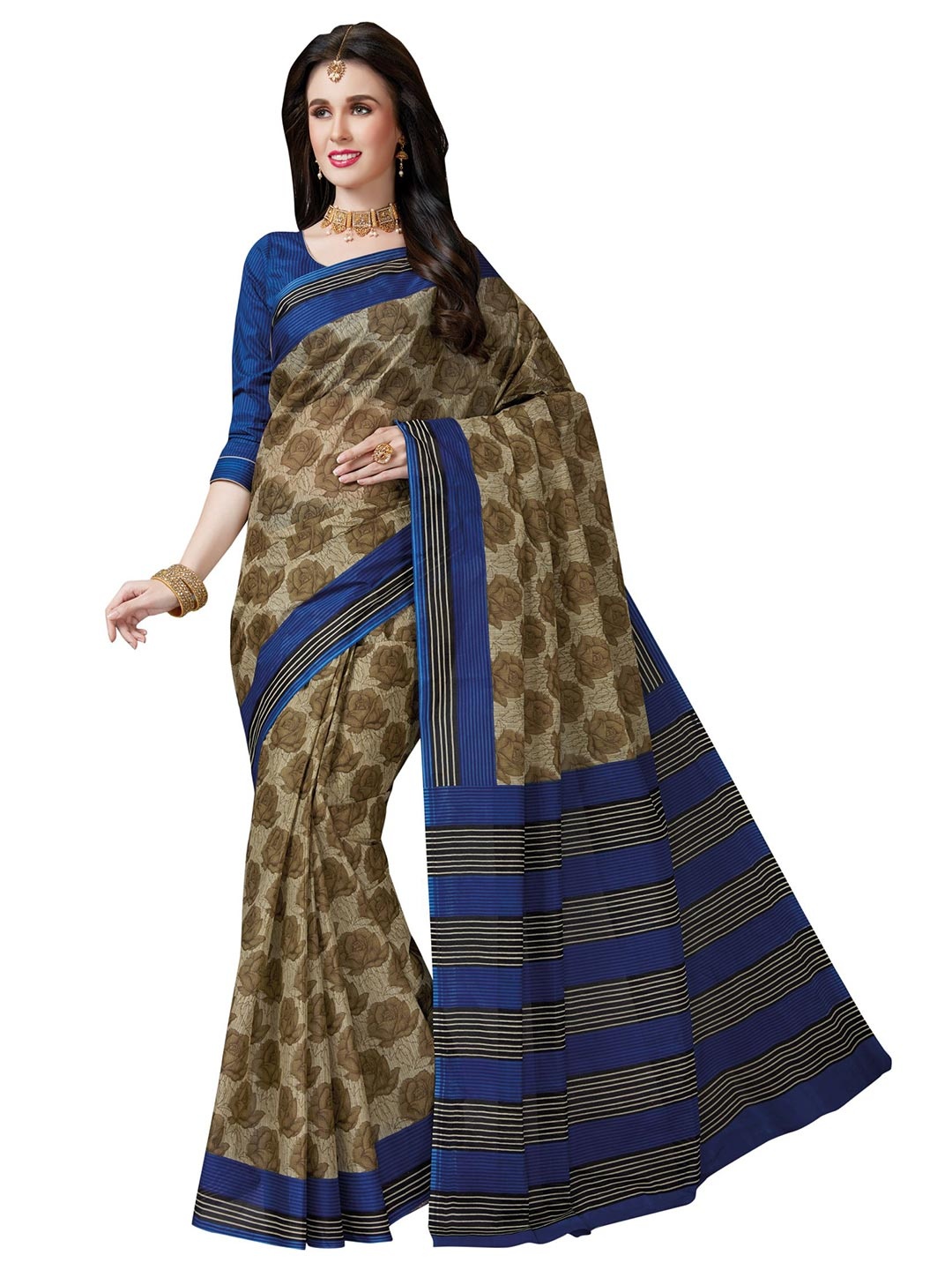 

SHANVIKA Beige & Navy Blue Floral Pure Cotton Block Print Saree