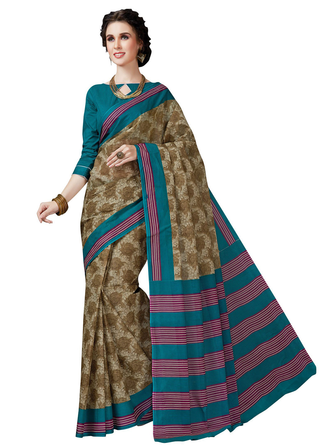 

SHANVIKA Beige & Green Floral Pure Cotton Block Print Saree