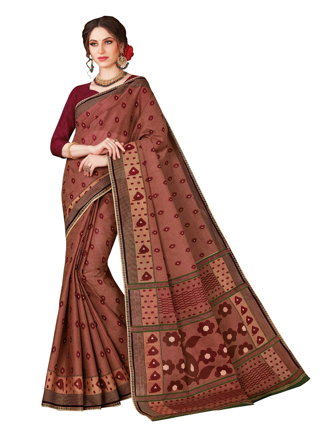 

SHANVIKA Red & Maroon Pure Cotton Block Print Saree