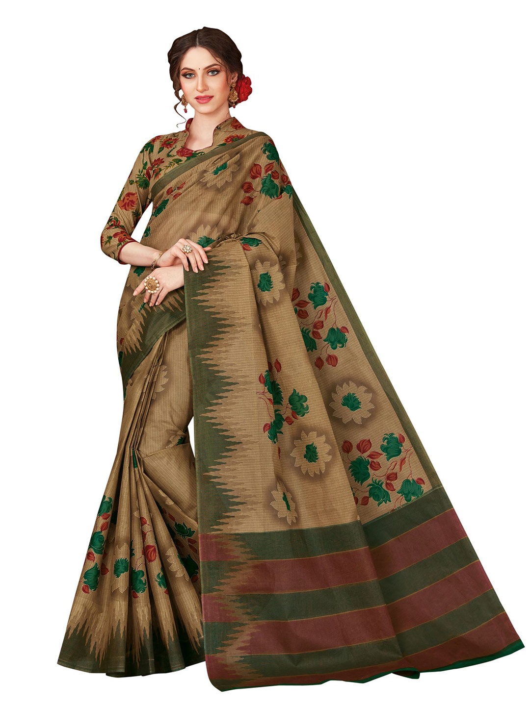 

SHANVIKA Beige & Green Floral Pure Cotton Block Print Saree