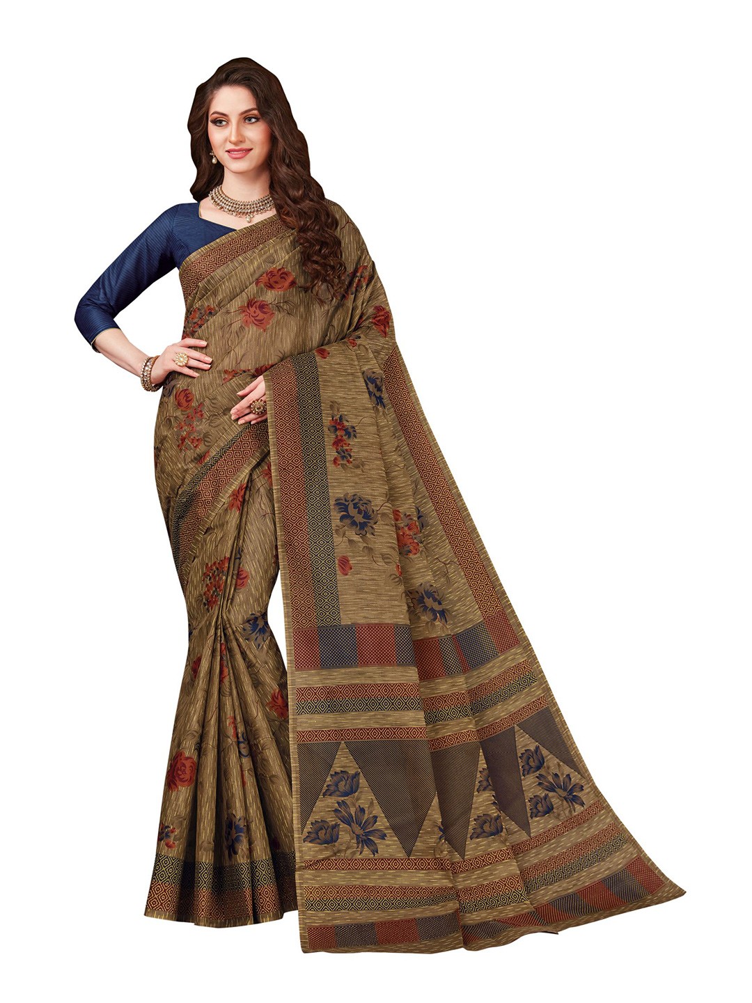 

SHANVIKA Beige & Maroon Floral Pure Cotton Block Print Saree