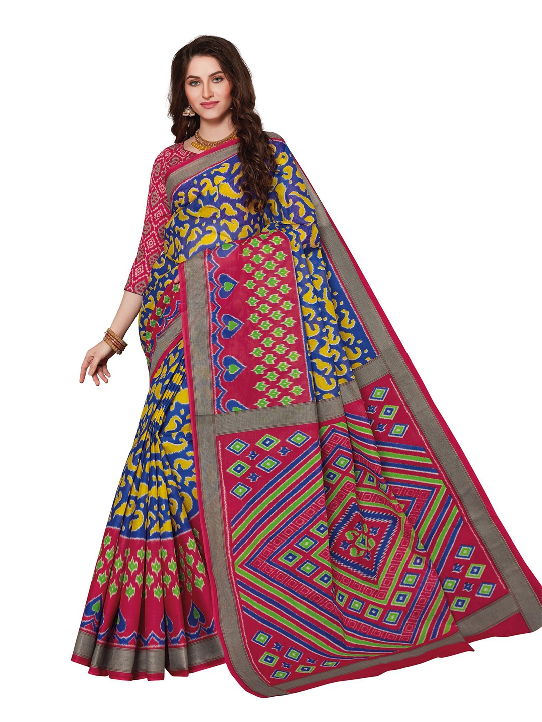 

SHANVIKA Blue & Pink Paisley Pure Cotton Ikat Saree