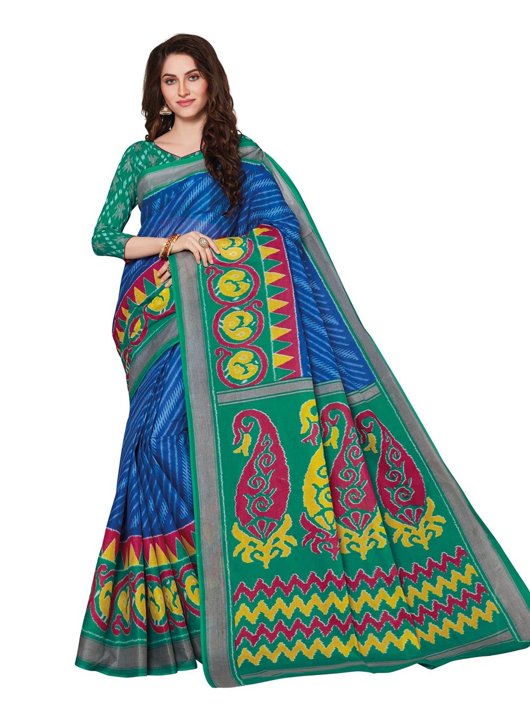 

SHANVIKA Blue & Green Paisley Pure Cotton Ikat Saree