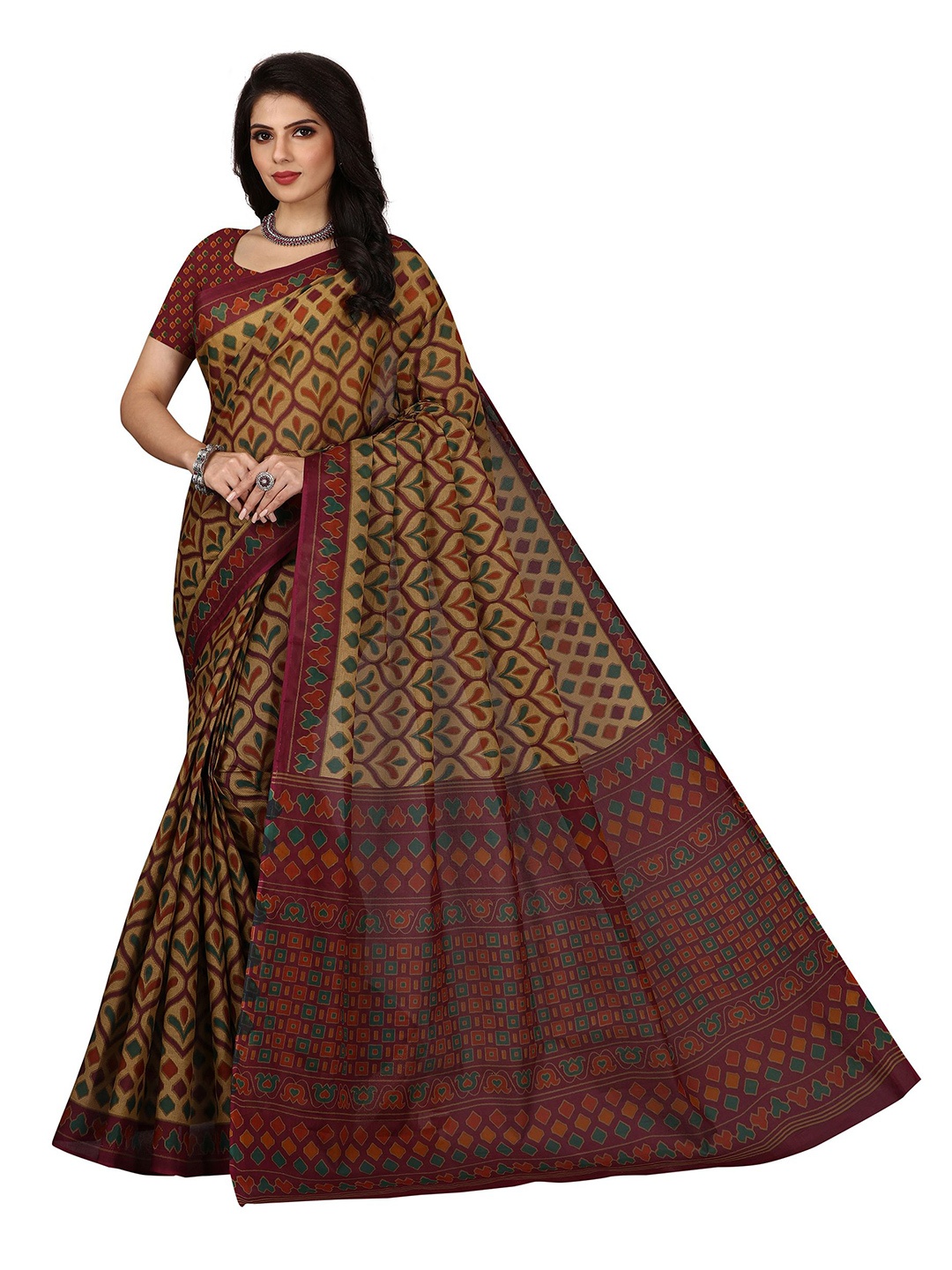 

SHANVIKA Brown & Green Pure Cotton Block Print Saree
