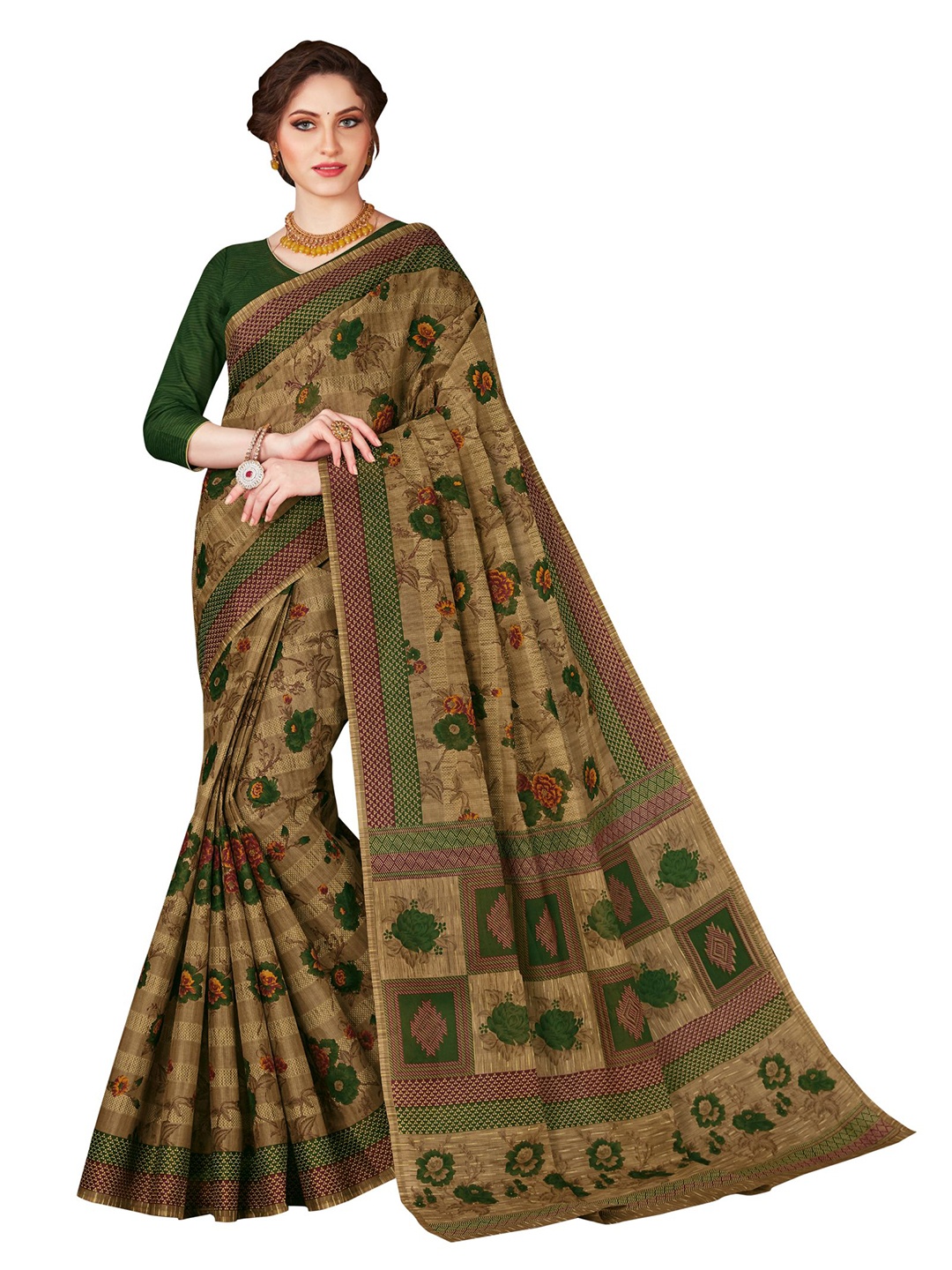 

SHANVIKA Green & Brown Floral Pure Cotton Block Print Saree