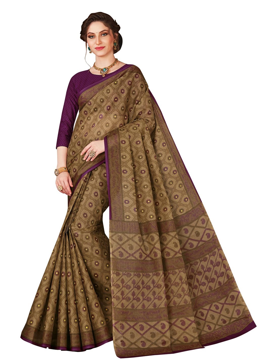 

SHANVIKA Khaki & Purple Pure Cotton Block Print Saree