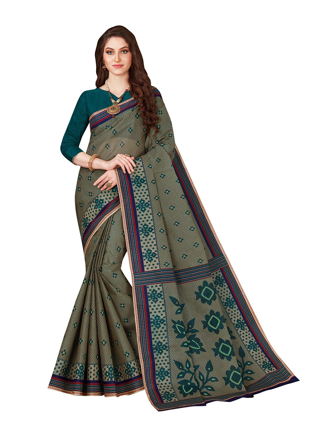 

SHANVIKA Turquoise Blue & Maroon Pure Cotton Block Print Saree
