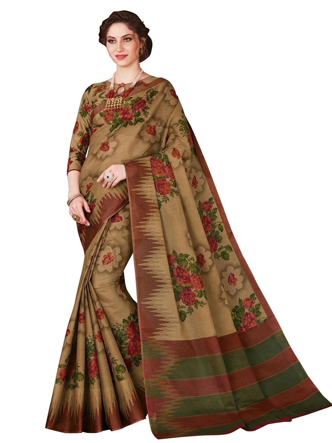 

SHANVIKA Red & Green Floral Pure Cotton Block Print Saree