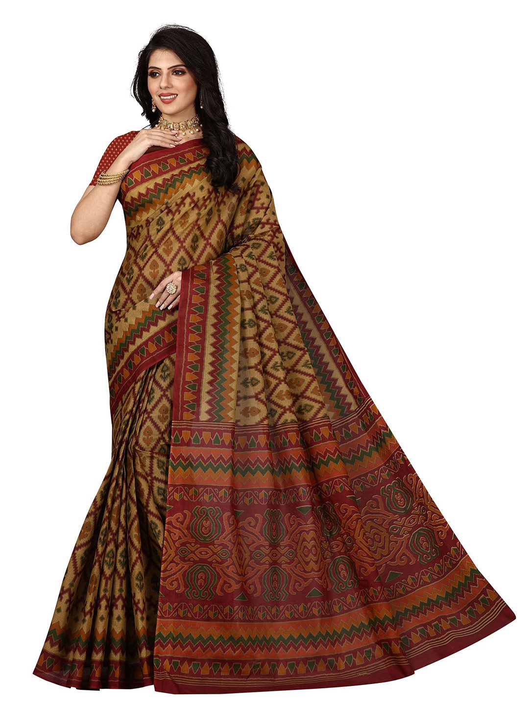 

SHANVIKA Brown & Maroon Pure Cotton Block Print Saree