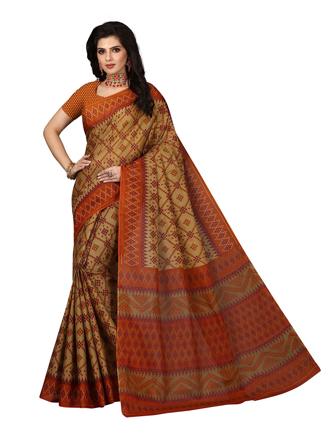 

SHANVIKA Brown & Orange Pure Cotton Block Print Saree