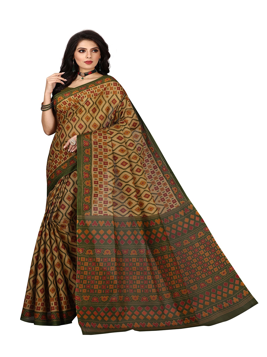 

SHANVIKA Brown & Green Pure Cotton Block Print Saree