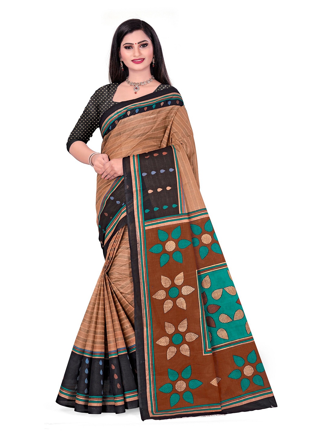 

SHANVIKA Brown & Blue Striped Pure Cotton Block Print Saree