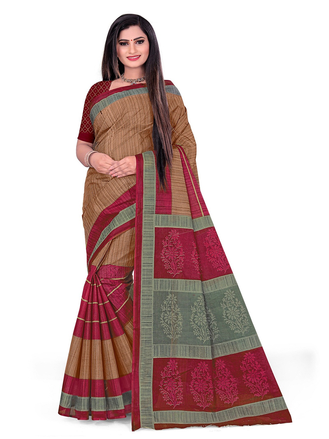 

SHANVIKA Brown & Grey Striped Pure Cotton Block Print Saree