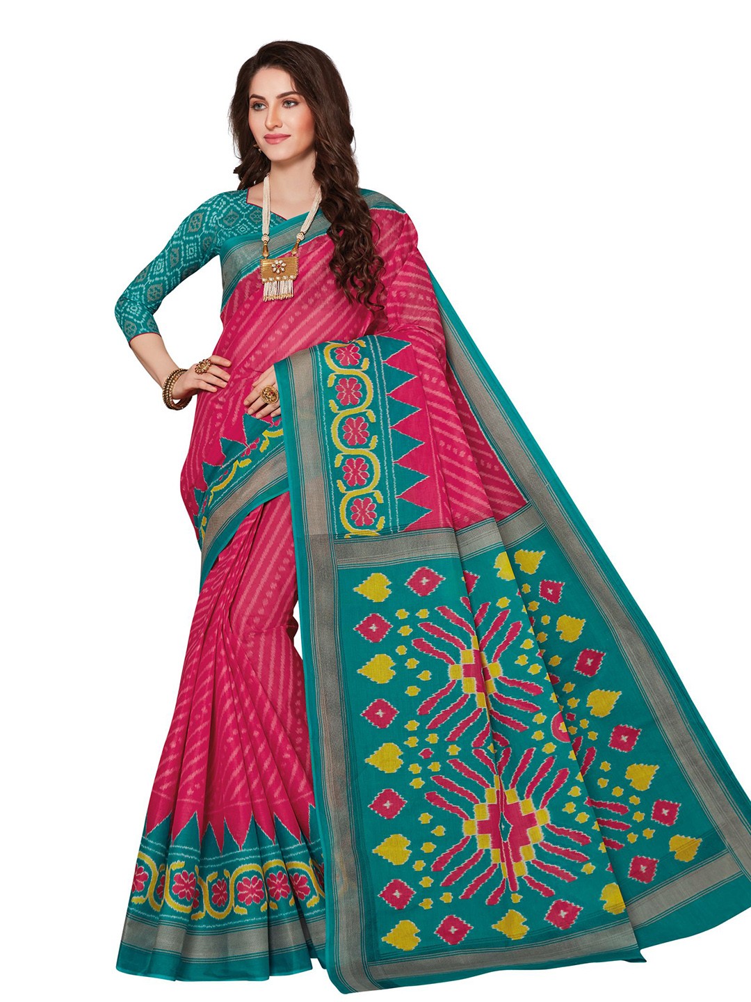 

SHANVIKA Pink & Green Striped Pure Cotton Ikat Saree