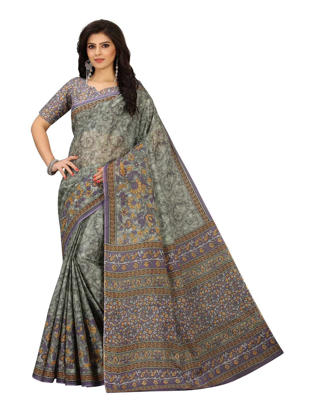 

SHANVIKA Green & Yellow Floral Pure Cotton Block Print Saree