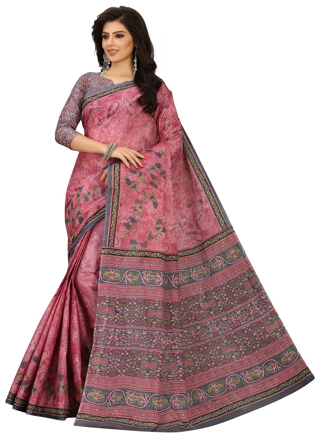 

SHANVIKA Pink & Grey Floral Pure Cotton Block Print Saree