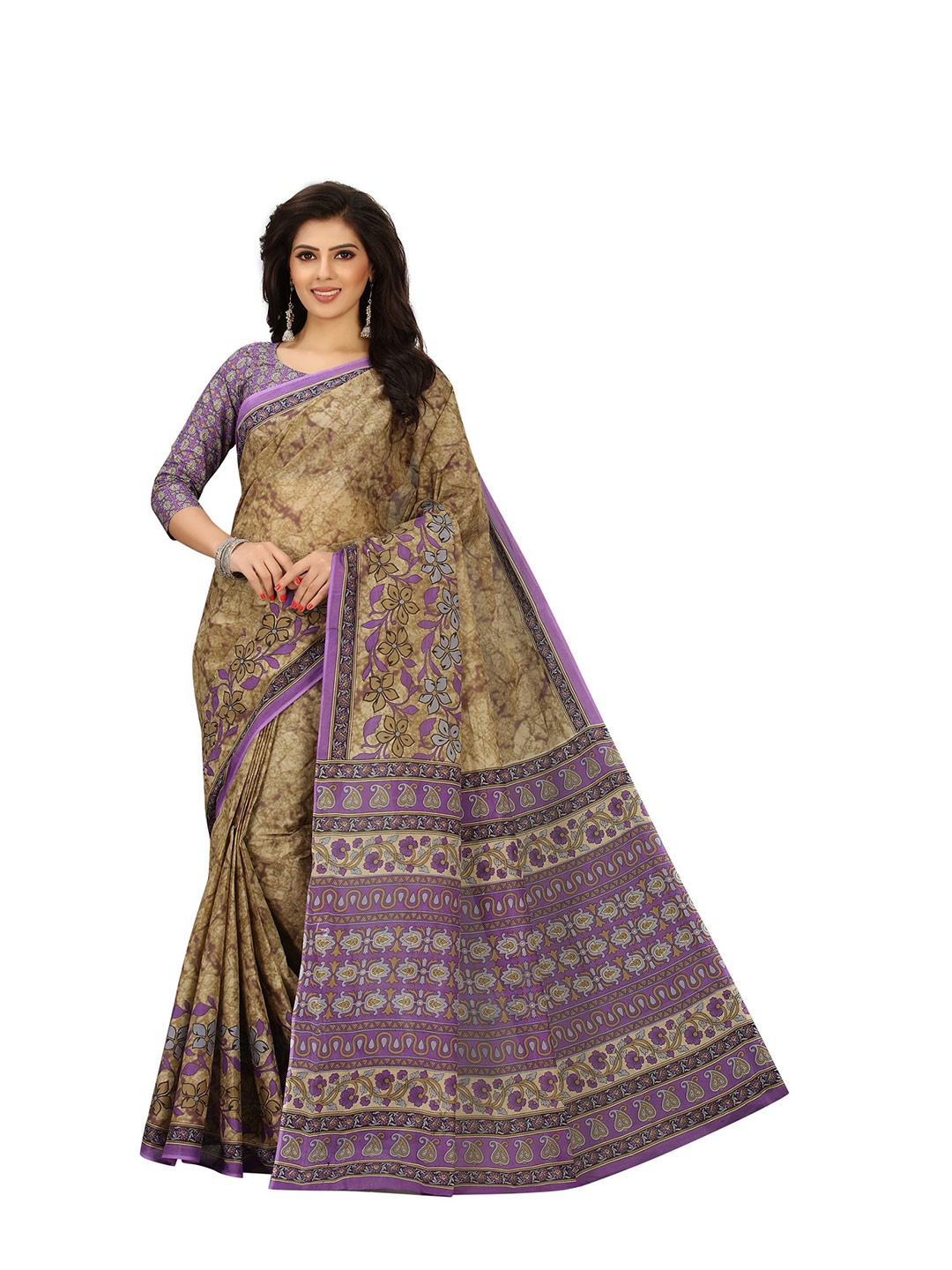 

SHANVIKA Beige & Purple Floral Pure Cotton Block Print Saree