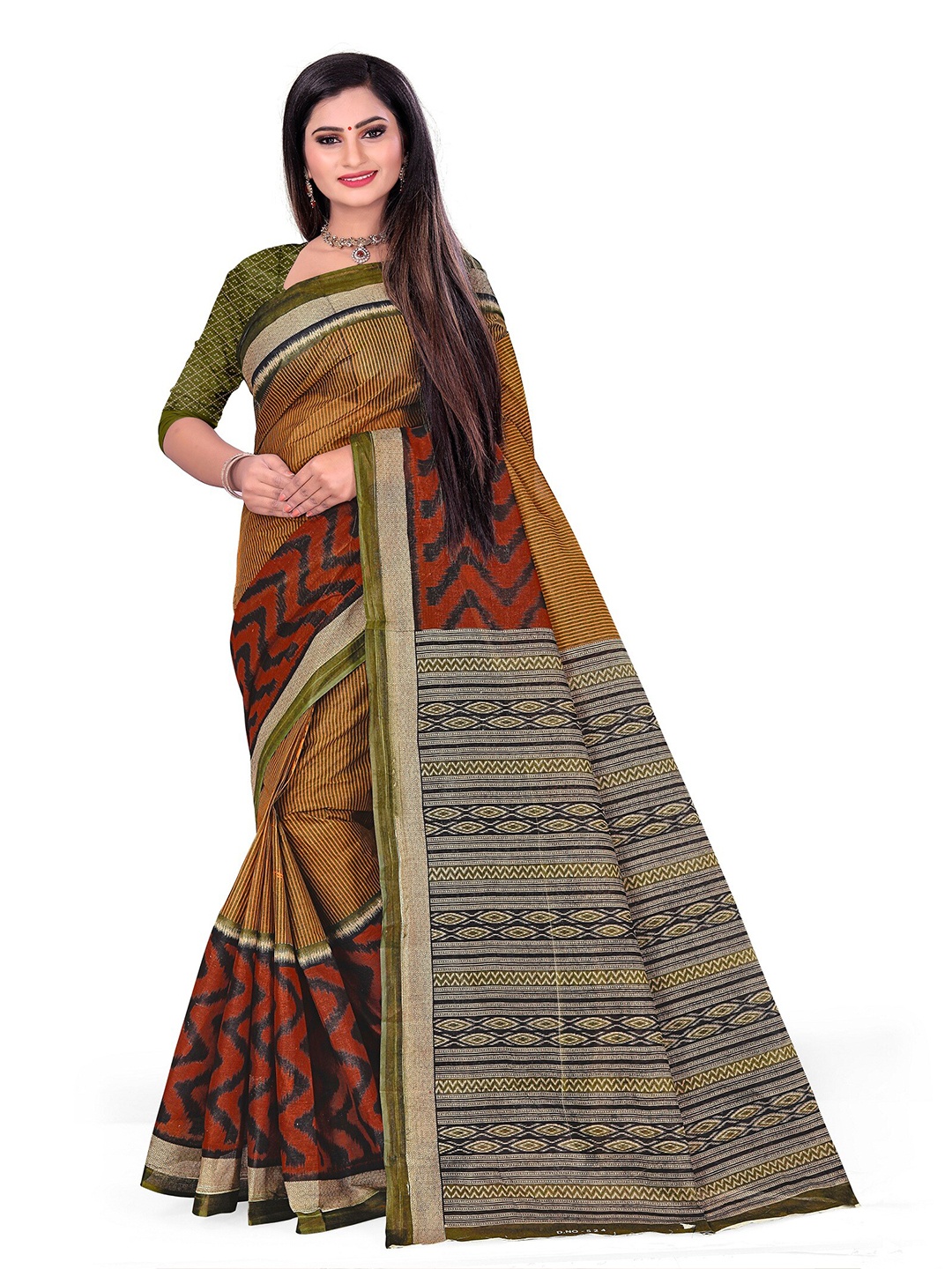 

SHANVIKA Mustard & Red Striped Pure Cotton Block Print Saree