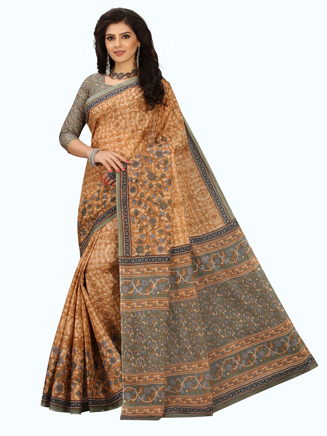 

SHANVIKA Rust & Green Floral Pure Cotton Block Print Saree