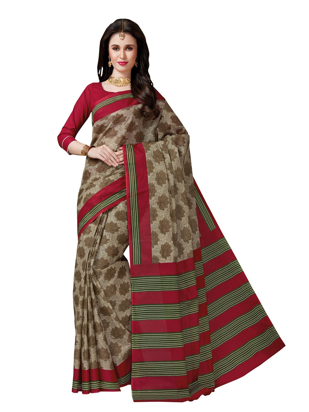 

SHANVIKA Beige & Red Floral Pure Cotton Block Print Saree