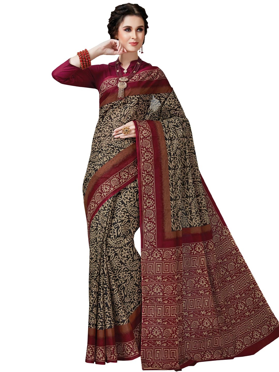 

SHANVIKA Black & Maroon Floral Pure Cotton Block Print Saree
