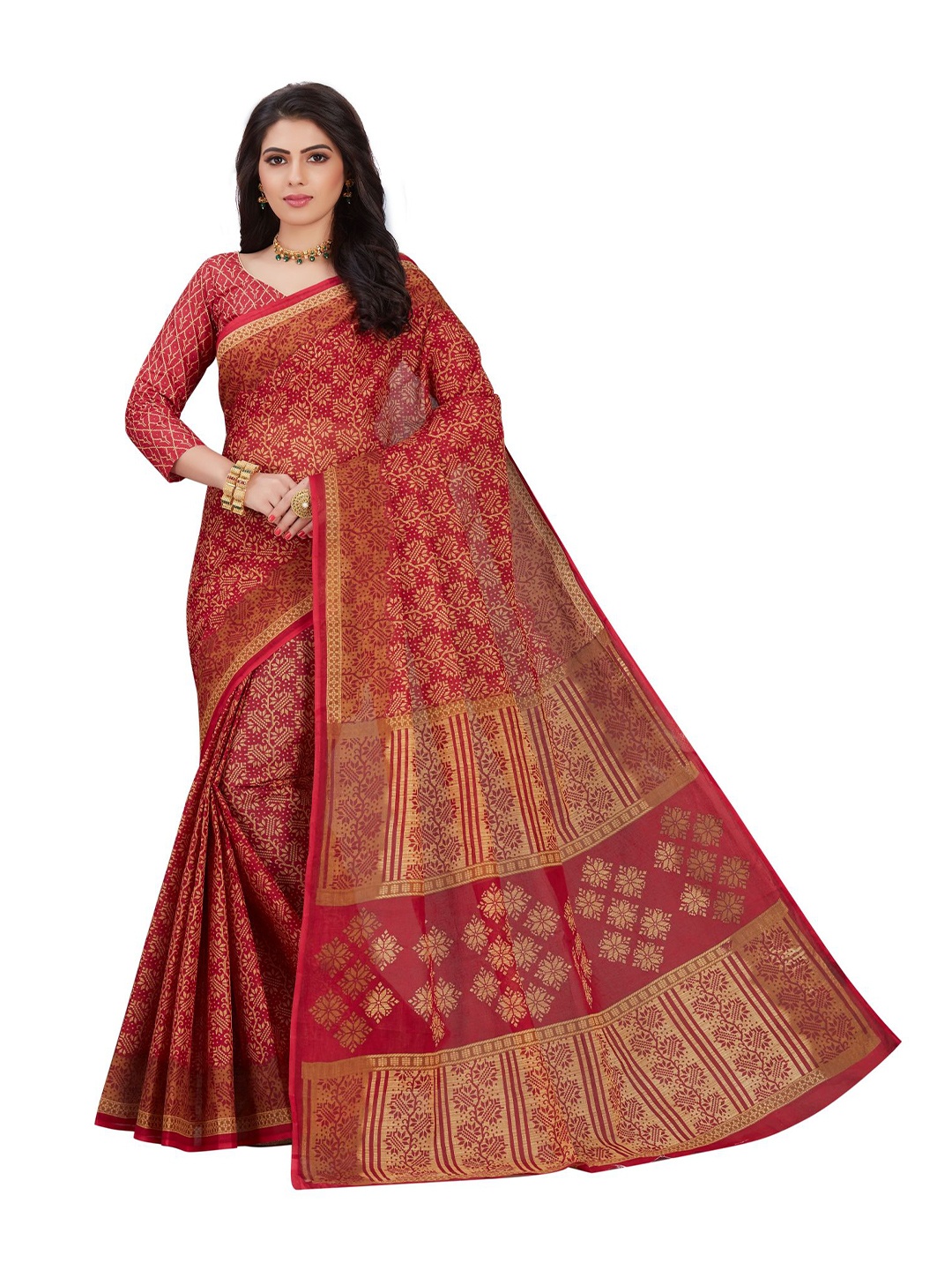 

SHANVIKA Maroon & Beige Floral Pure Cotton Block Print Saree