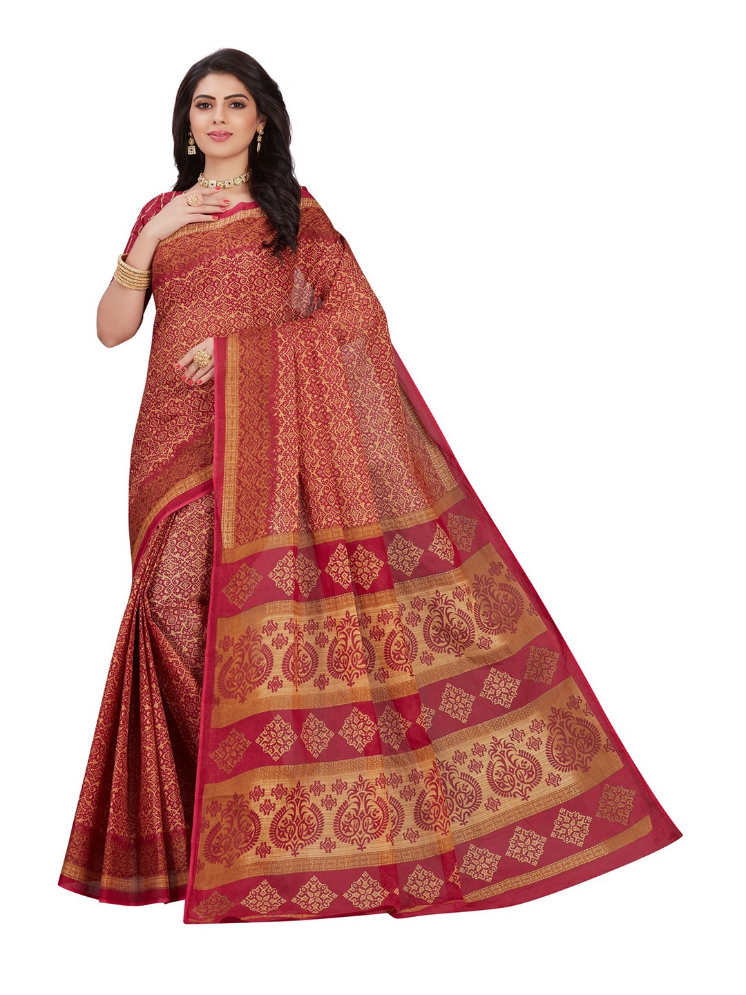 

SHANVIKA Maroon & Cream-Coloured Pure Cotton Block Print Saree