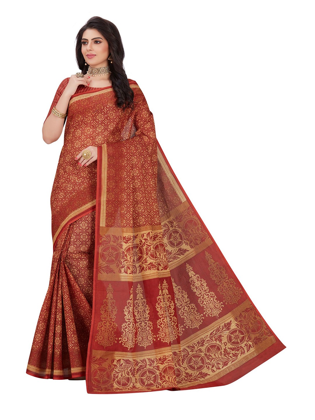 

SHANVIKA Maroon & Cream-Coloured Floral Pure Cotton Block Print Saree