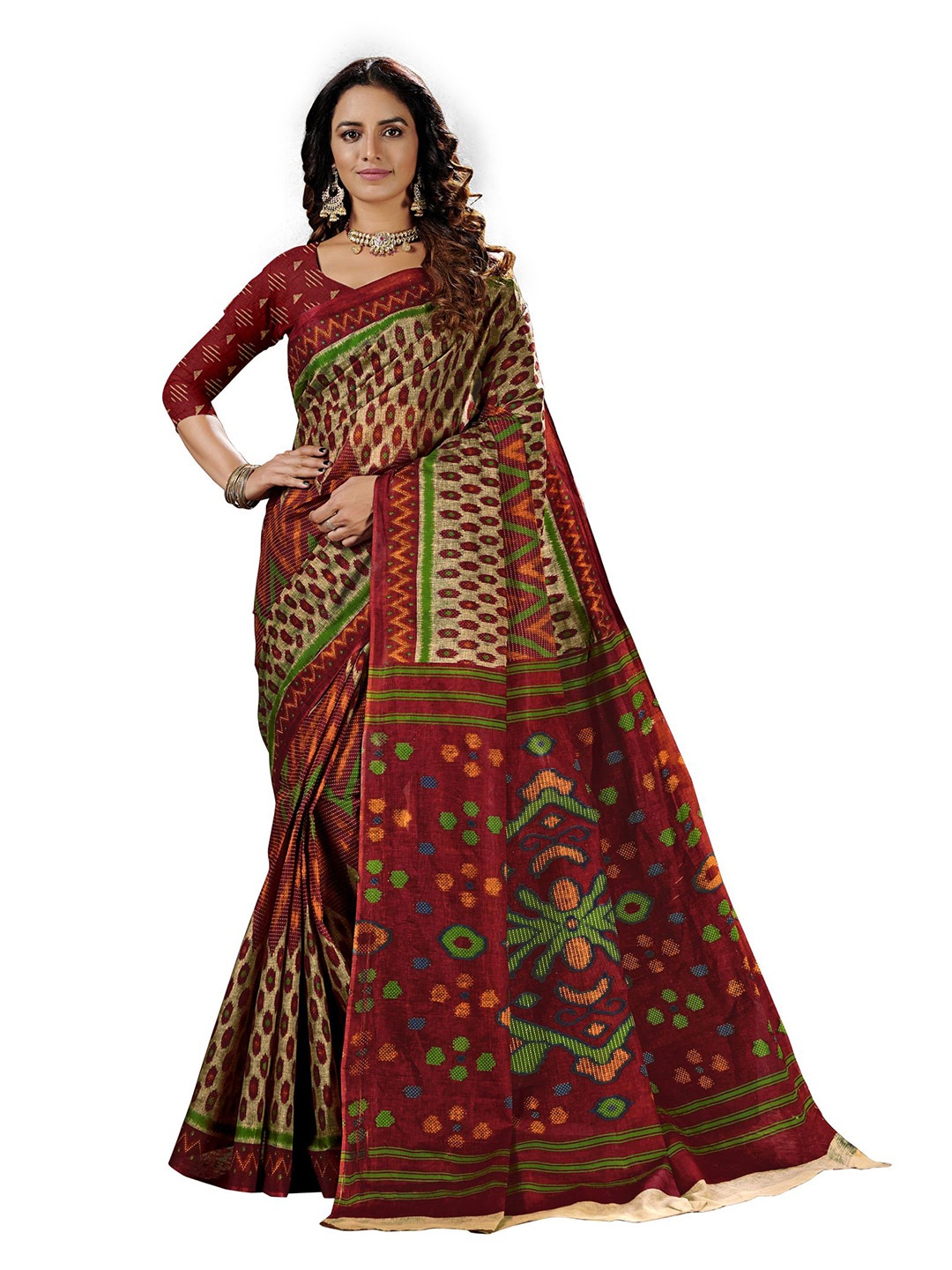 

SHANVIKA Beige & Red Pure Cotton Block Print Saree