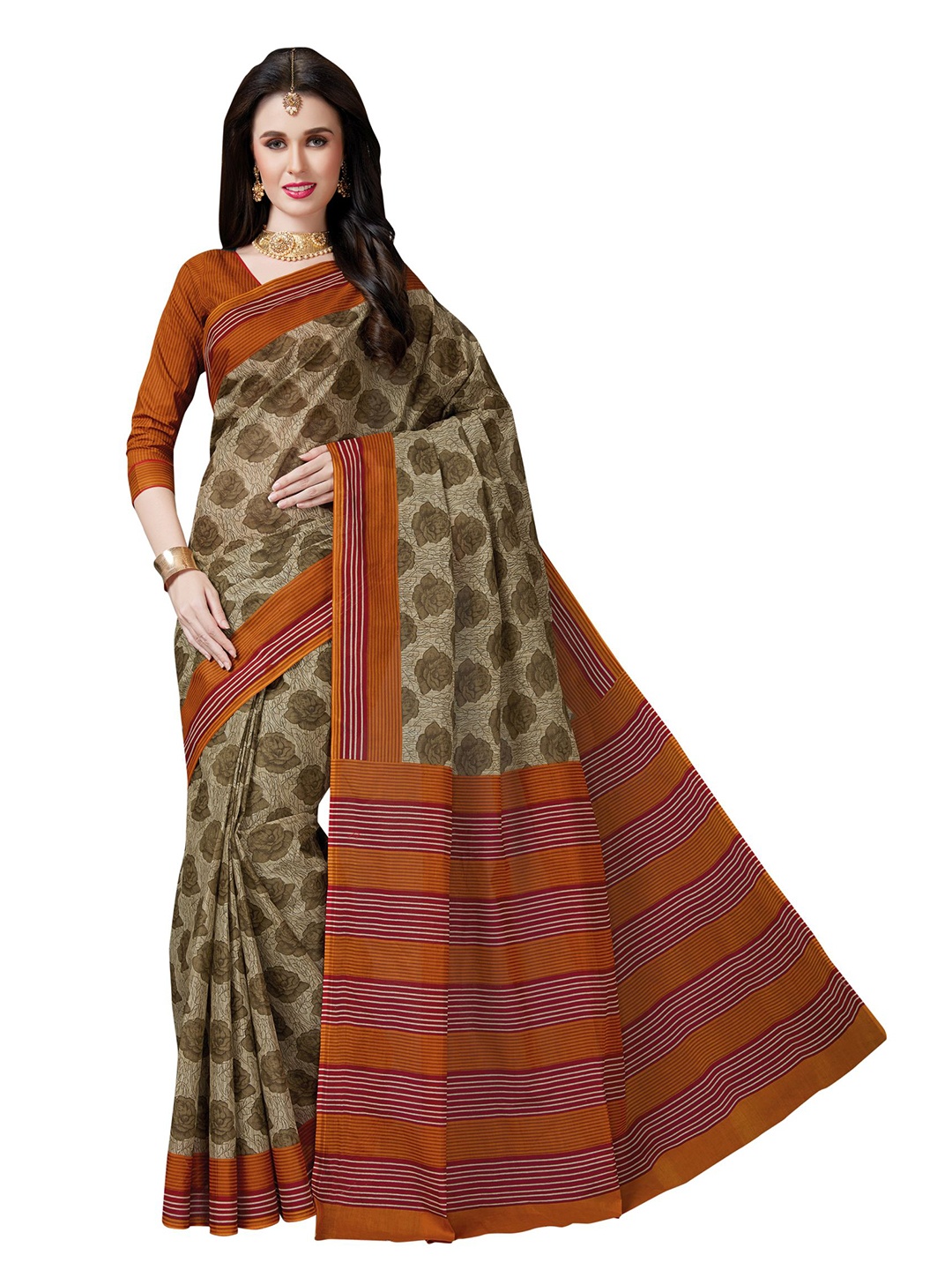 

SHANVIKA Beige & Rust Floral Pure Cotton Block Print Saree