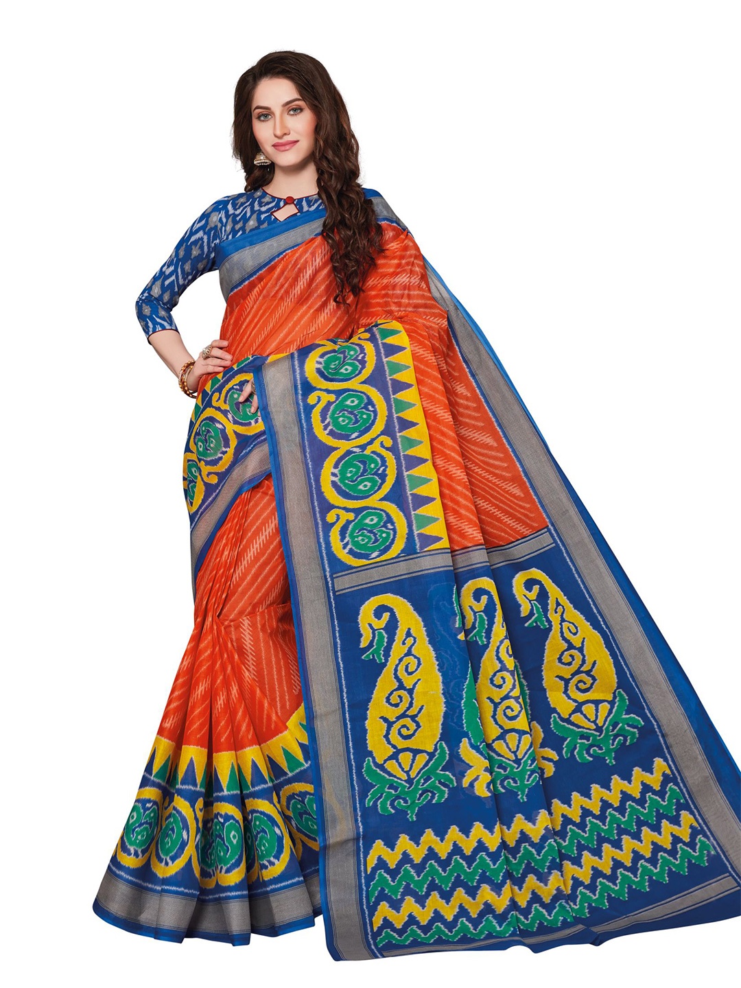 

SHANVIKA Orange & Blue Paisley Pure Cotton Ikat Saree