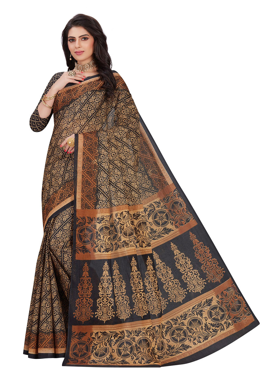 

SHANVIKA Black & Beige Floral Pure Cotton Block Print Saree